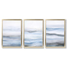 Set of 3 Abstract Blue Waves Framed Wall Art with Gold Wood Frames