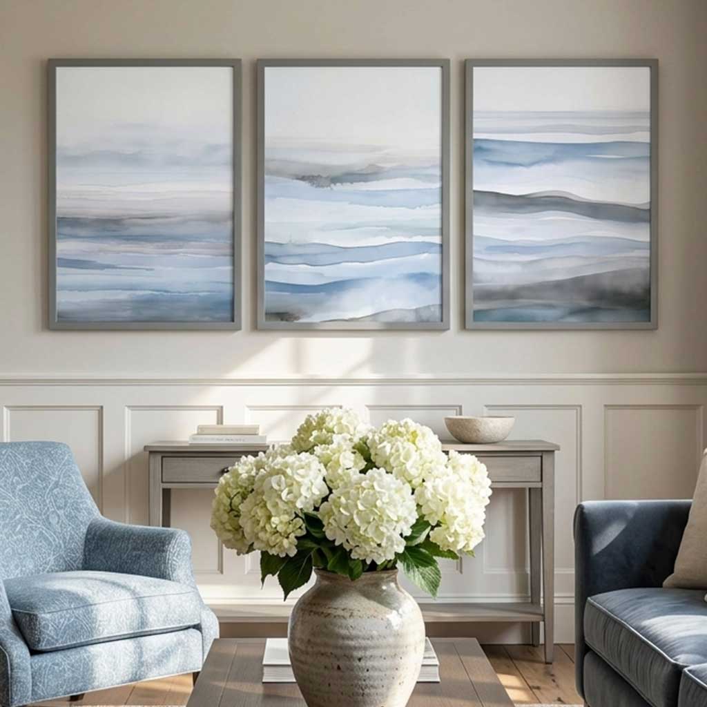 Set of 3 Abstract Blue Waves Art Prints in Black Frames | Artze UK