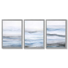Set of 3 Abstract Blue Waves Framed Wall Art with Light Grey Wooden Frames