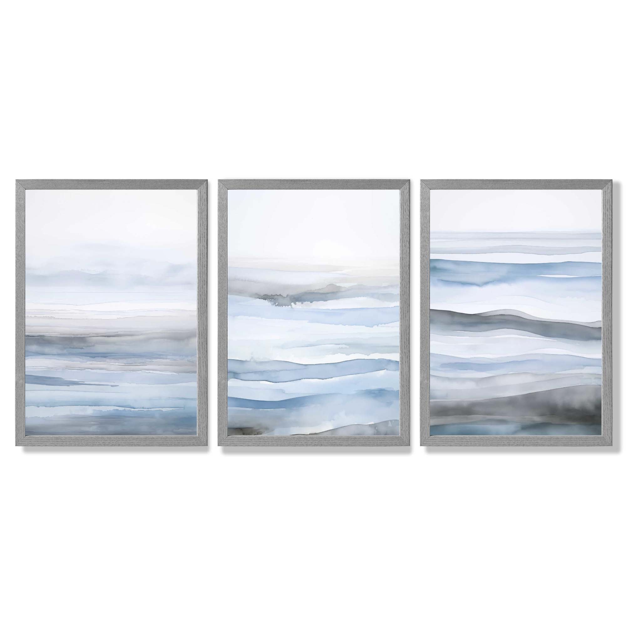 Set of 3 Abstract Blue Waves Framed Wall Art with Light Grey Wooden Frames