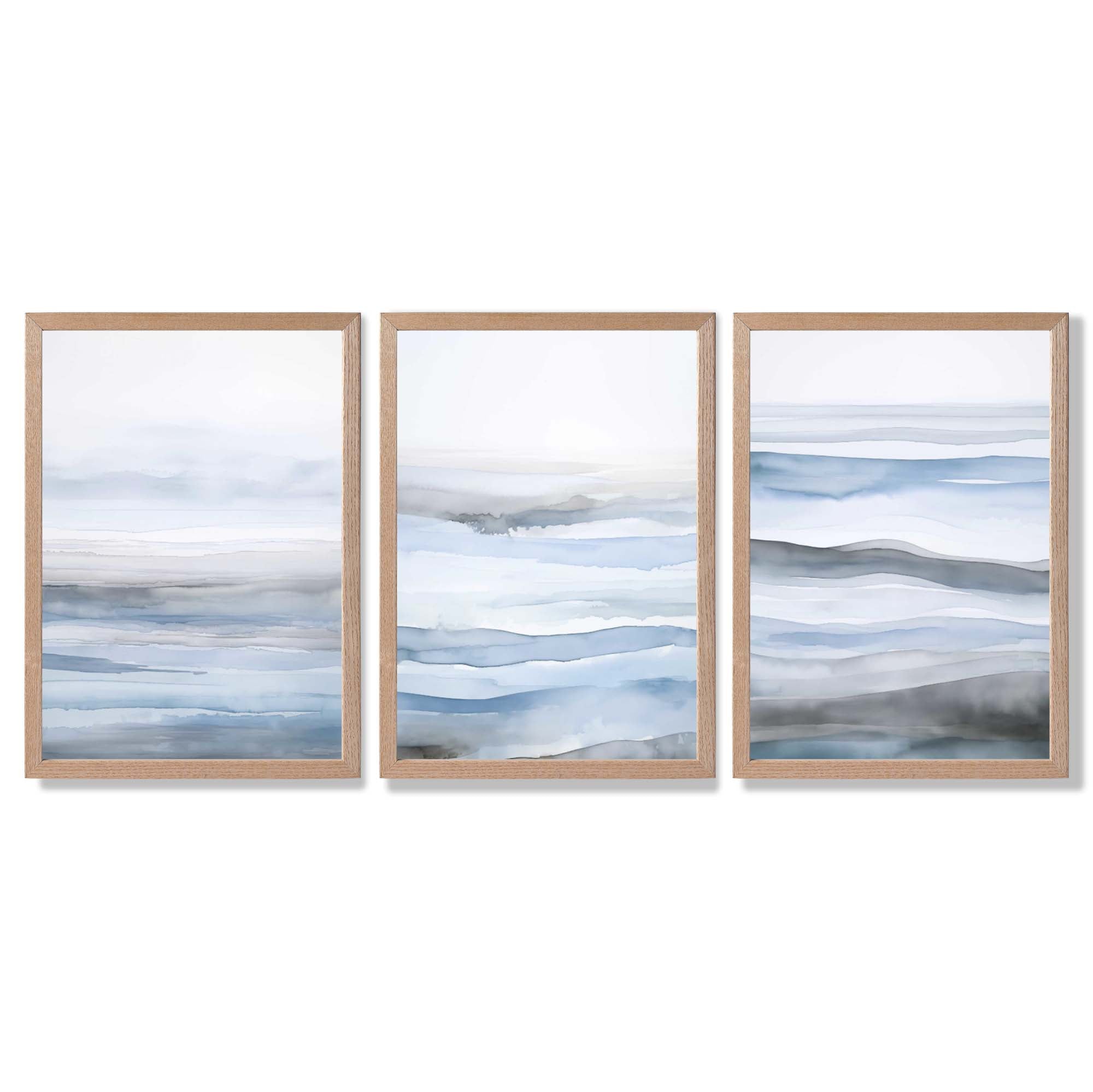 Set of 3 Abstract Blue Waves Framed Wall Art with Light Oak Frames