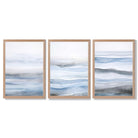 Set of 3 Abstract Blue Waves Framed Wall Art with Light Oak Frames