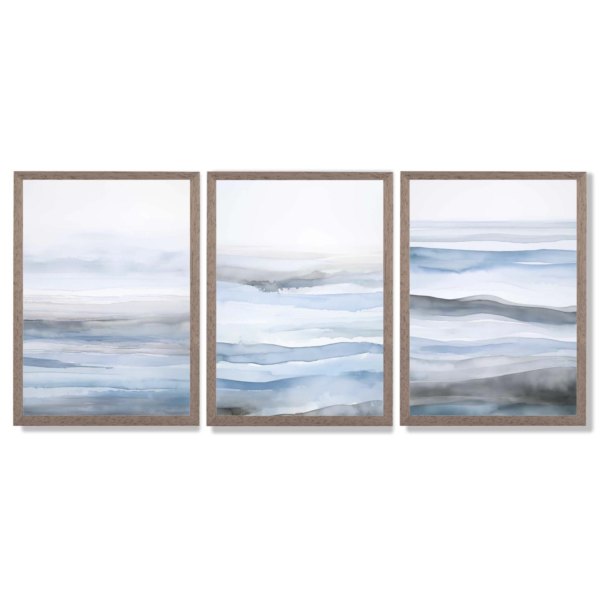 Set of 3 Abstract Blue Waves Framed Wall Art with Light Walnut Frames