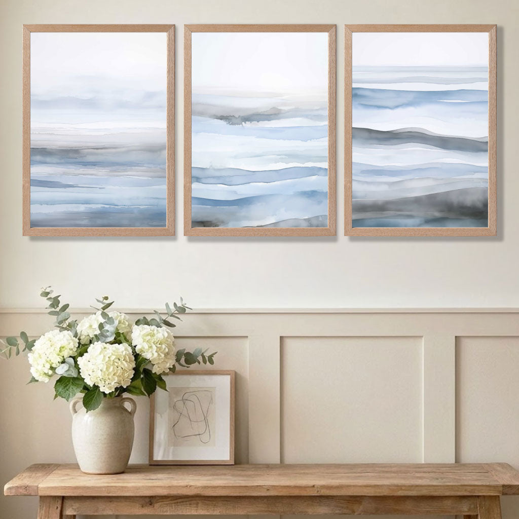 Set of 3 Abstract Blue Waves Art Prints in White Frames | Artze UK