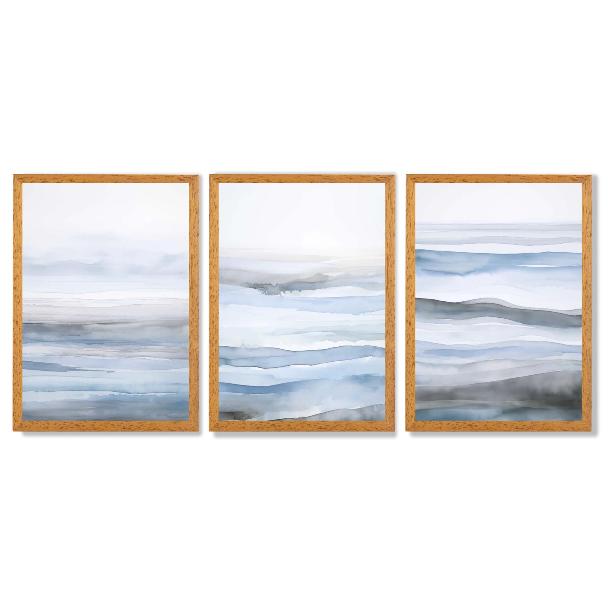 Set of 3 Abstract Blue Waves Framed Wall Art with Oak Wooden Frames