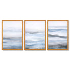 Set of 3 Abstract Blue Waves Framed Wall Art with Oak Wooden Frames