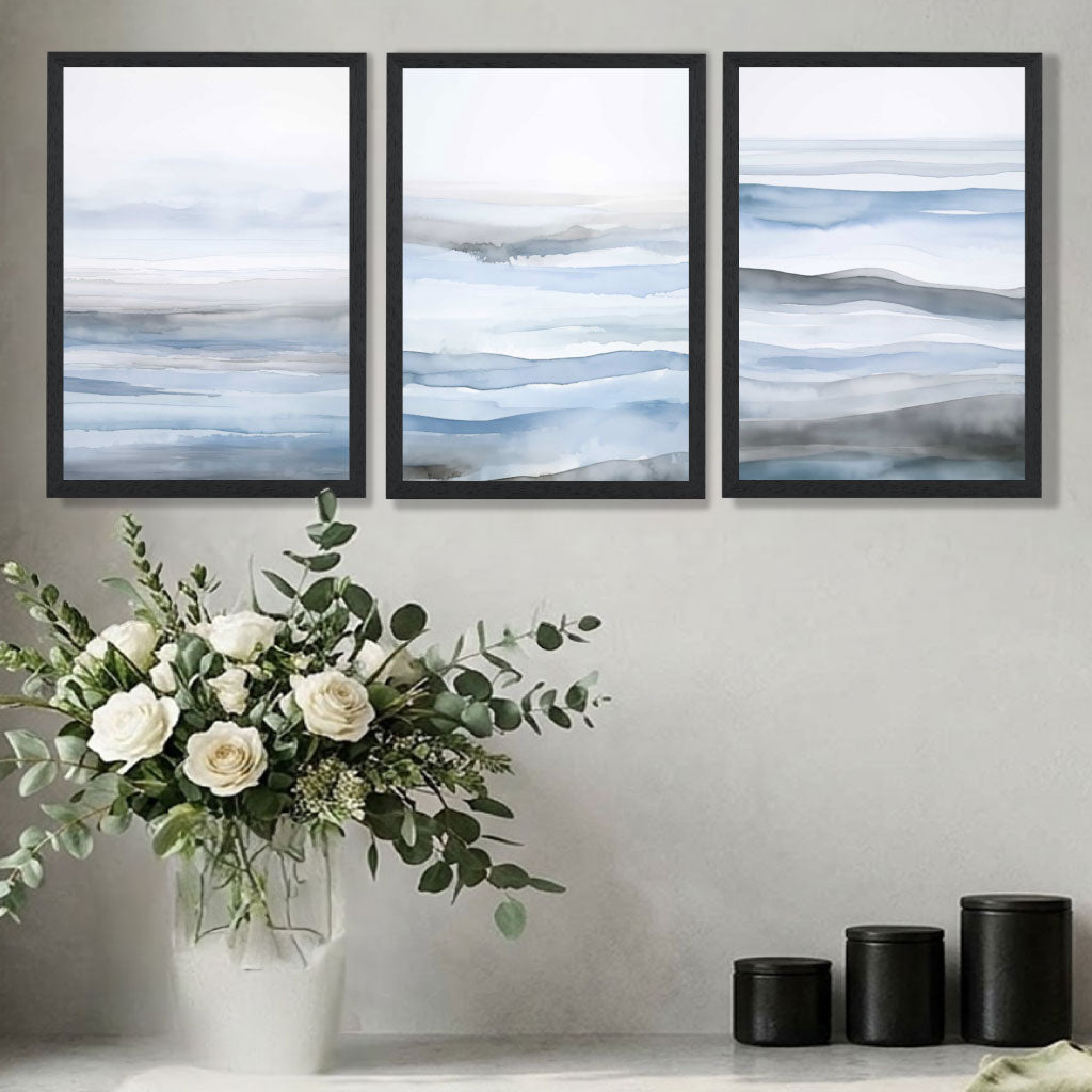 Set of 3 Abstract Blue Waves Art Prints in Oak Frames | Artze UK