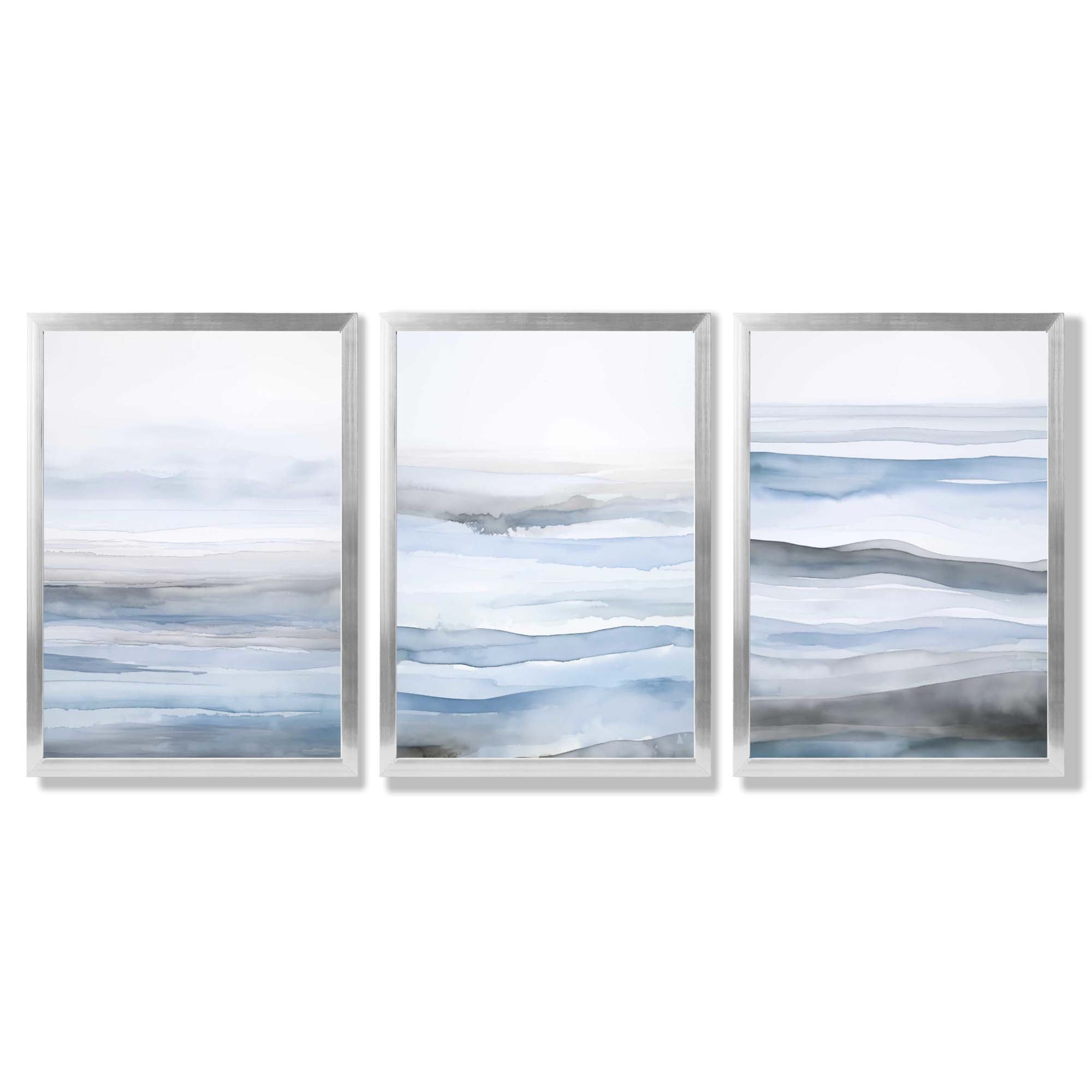 Set of 3 Abstract Blue Waves Framed Wall Art with Silver Wood Frames