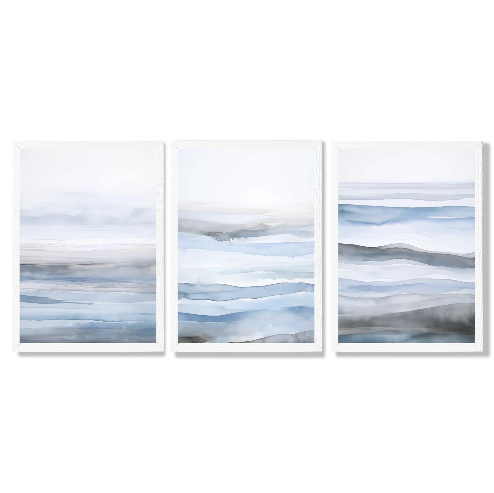 Set of 3 Abstract Blue Waves Framed Wall Art with White Wooden Frames