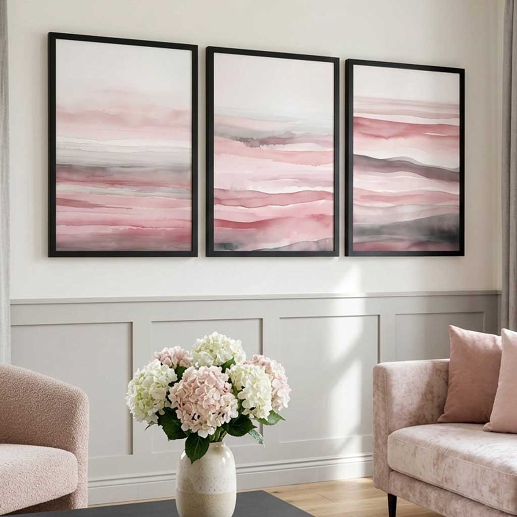 Set of 3 Abstract Pink Sunset Waves Framed Wall Art with Black Wooden Frames