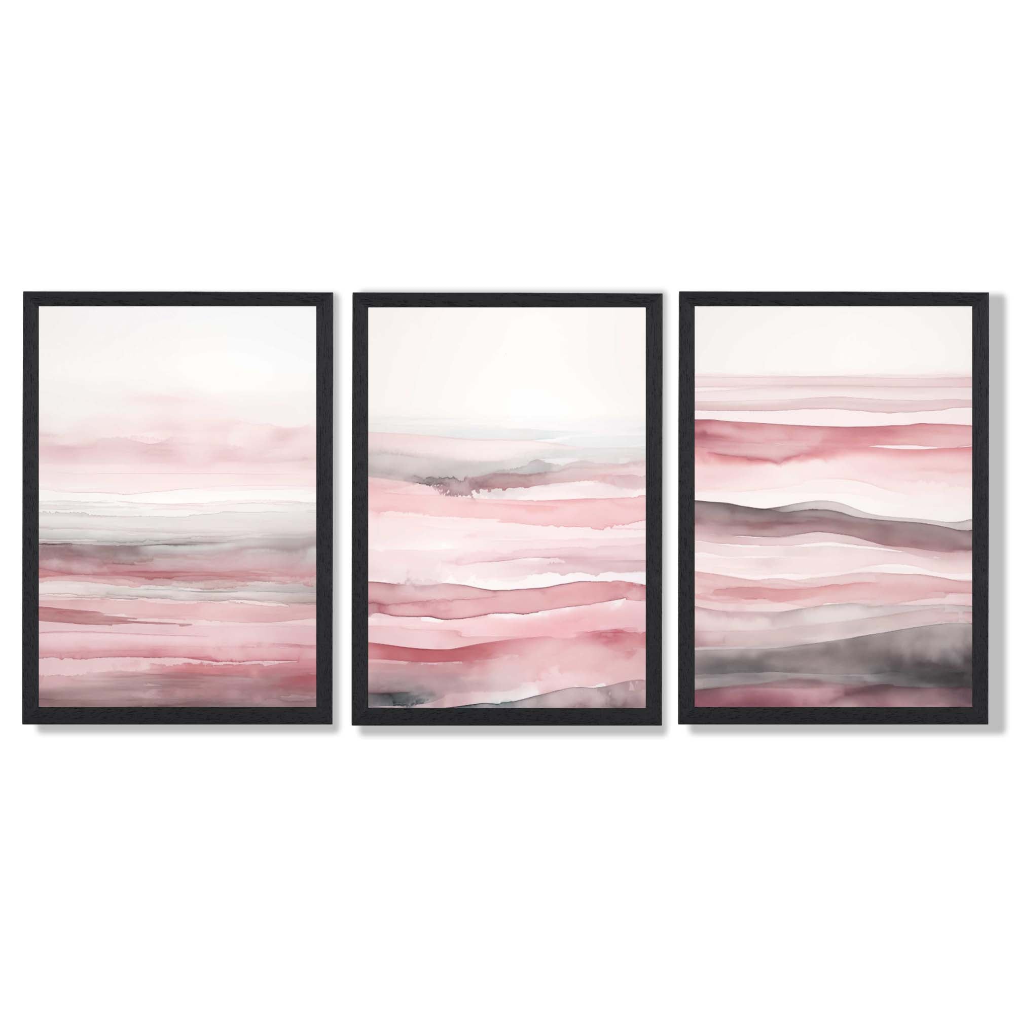 Set of 3 Abstract Pink Sunset Waves Framed Wall Art with Black Wooden Frames