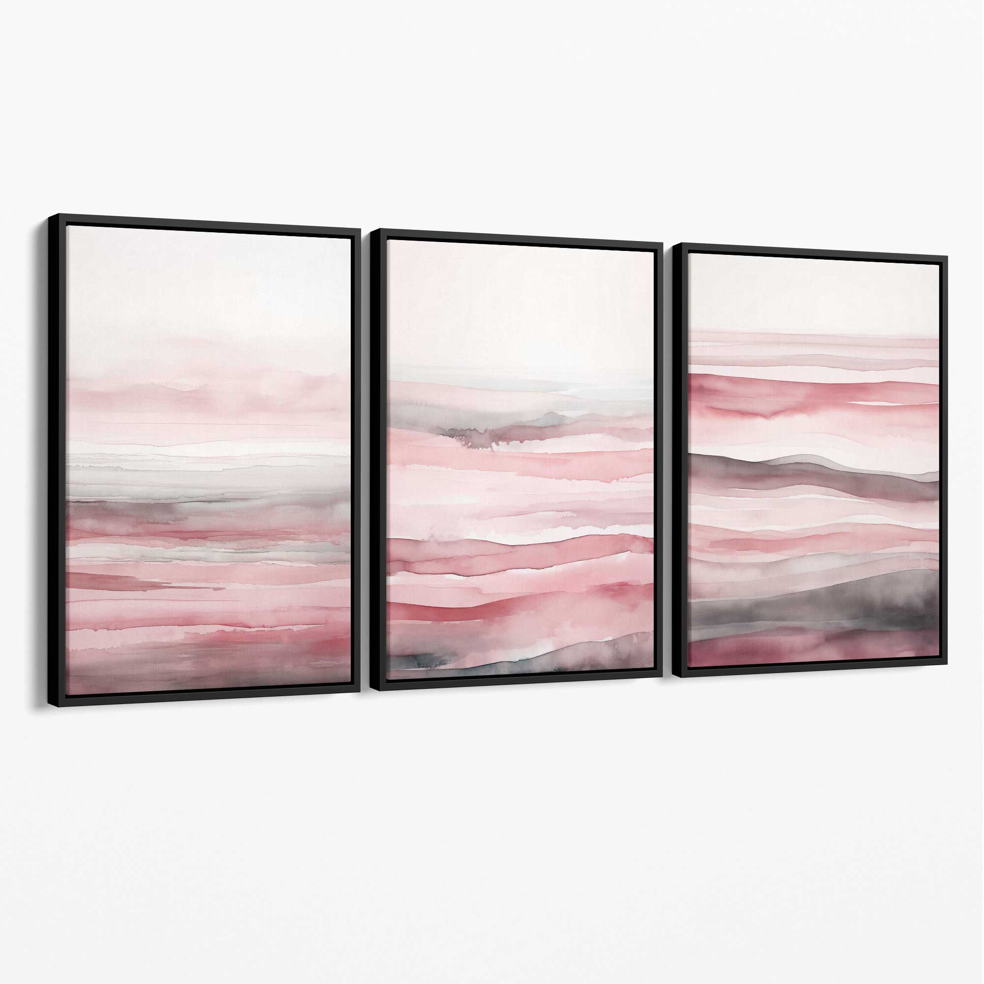 Set of 3 Abstract Pink Sunset Waves Canvas Prints with Black Float Frame