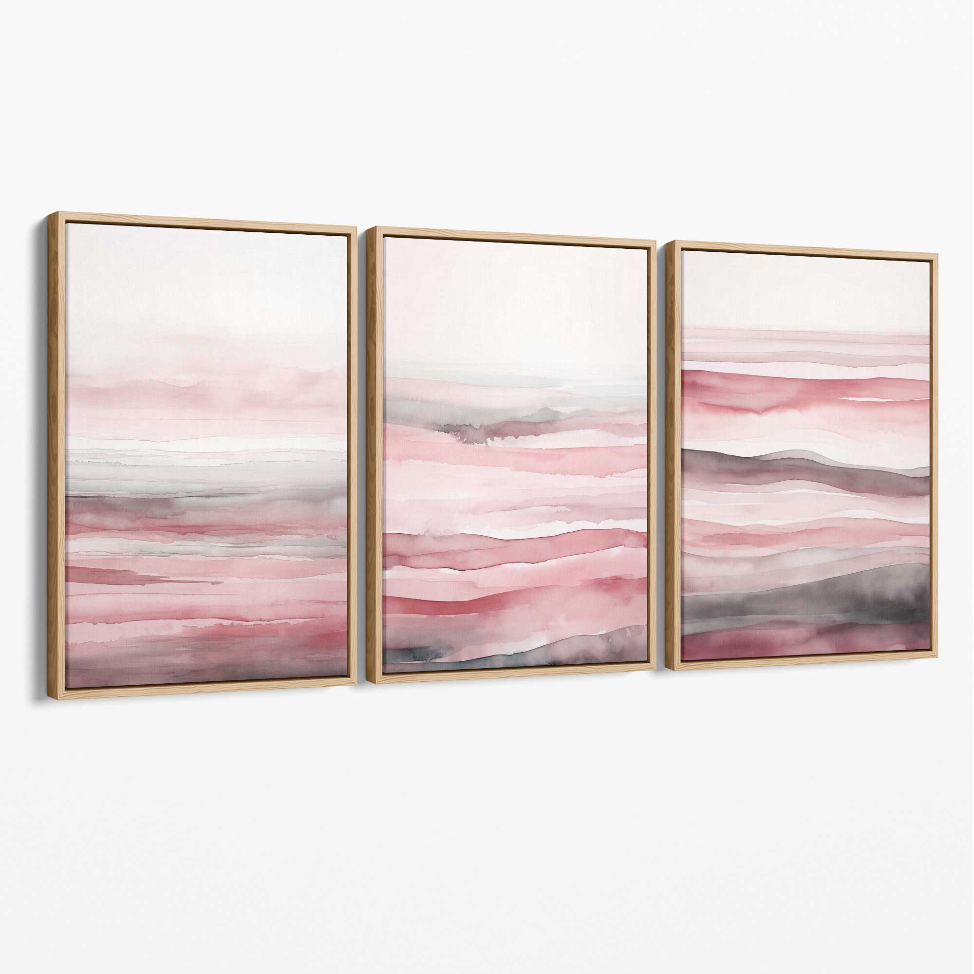 Set of 3 Abstract Pink Sunset Waves Canvas Prints with Oak Float Frame