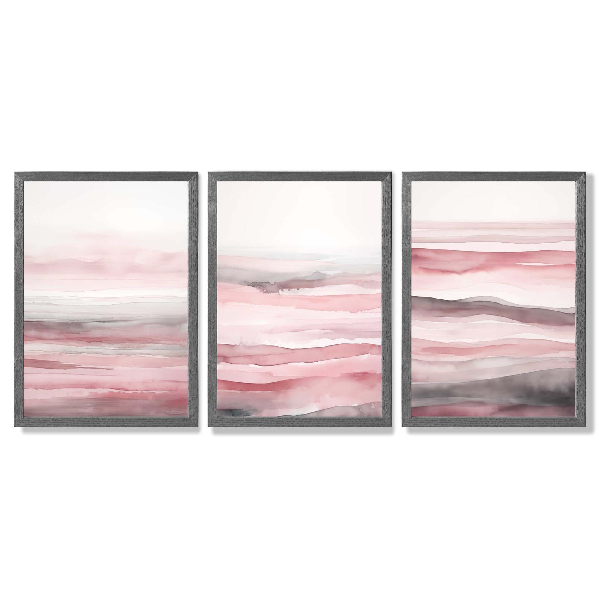 Set of 3 Abstract Pink Sunset Waves Framed Wall Art with Dark Grey Wooden Frames