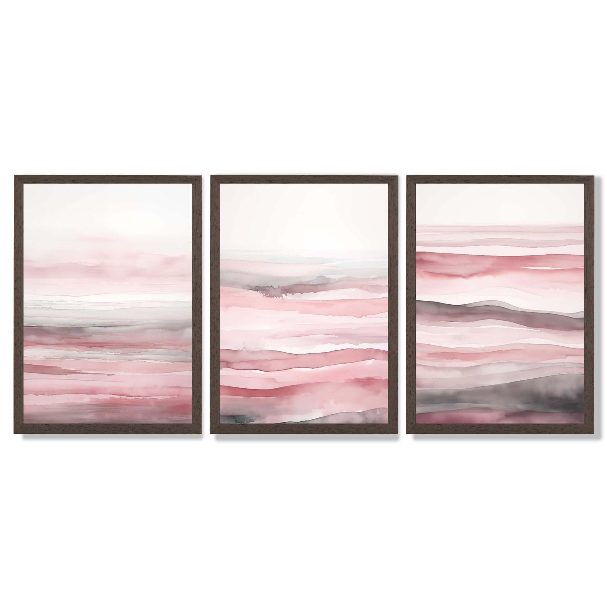 Set of 3 Abstract Pink Sunset Waves Framed Wall Art with Dark Wood Frames