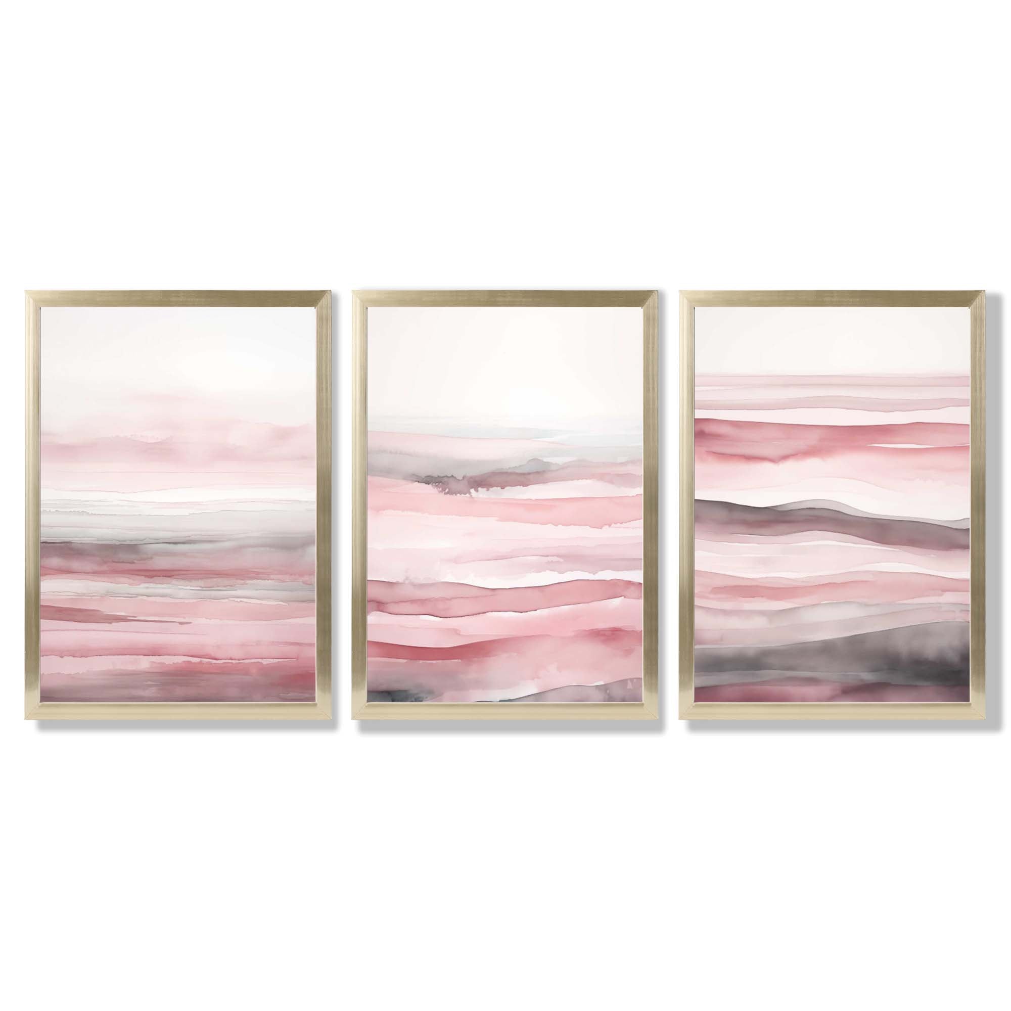 Set of 3 Abstract Pink Sunset Waves Framed Wall Art with Gold Wood Frames