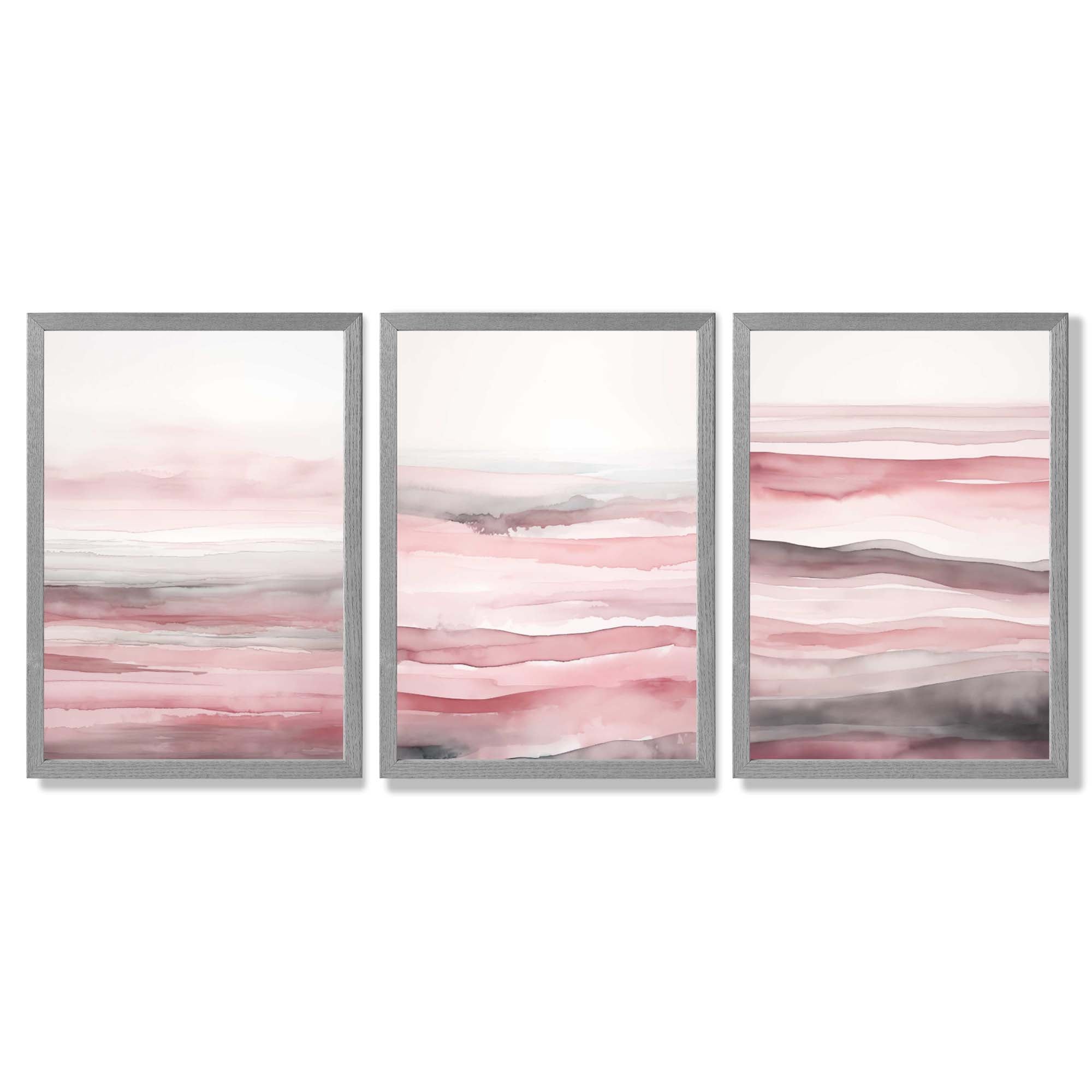 Set of 3 Abstract Pink Sunset Waves Framed Wall Art with Light Grey Wooden Frames