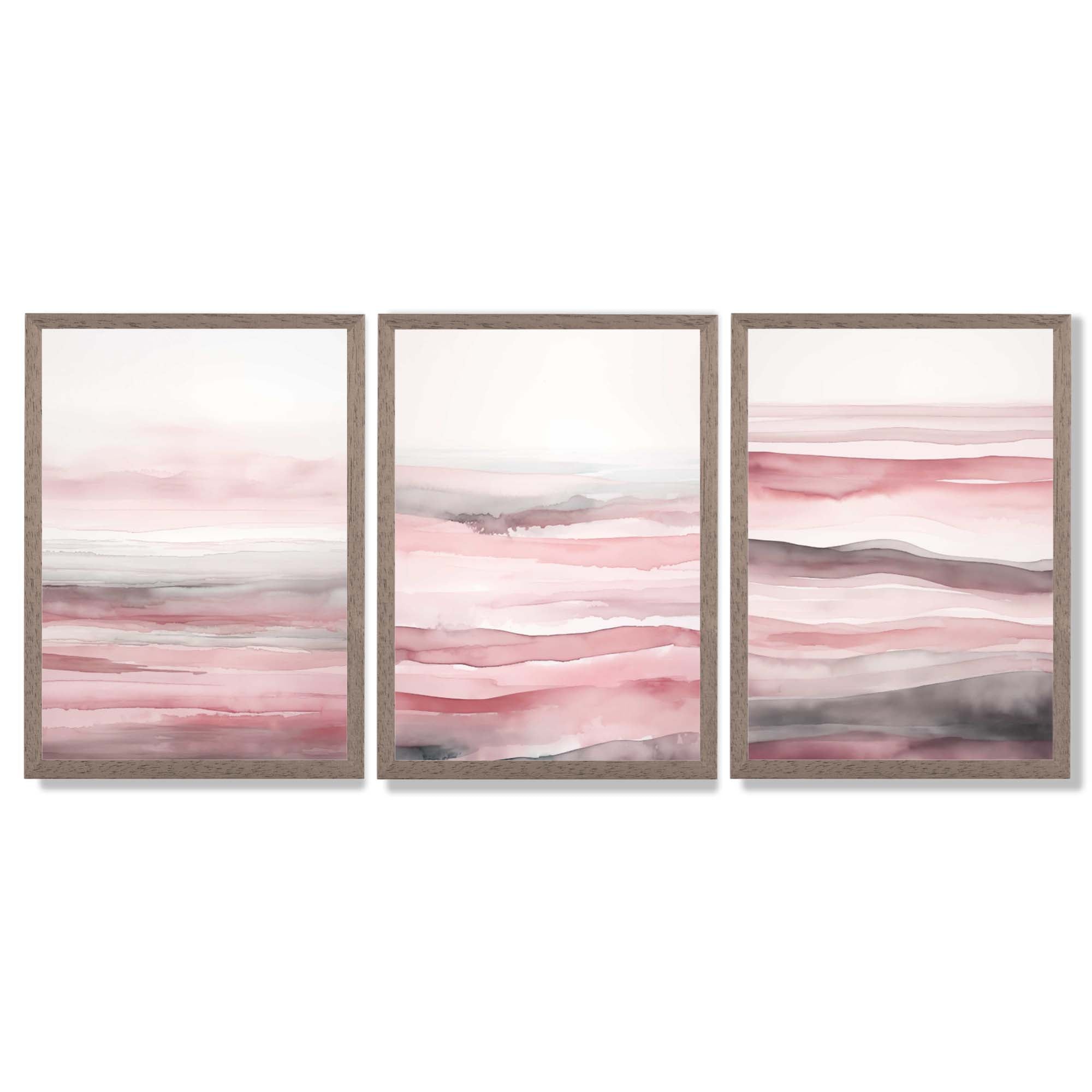 Set of 3 Abstract Pink Sunset Waves Framed Wall Art with Light Walnut Frames