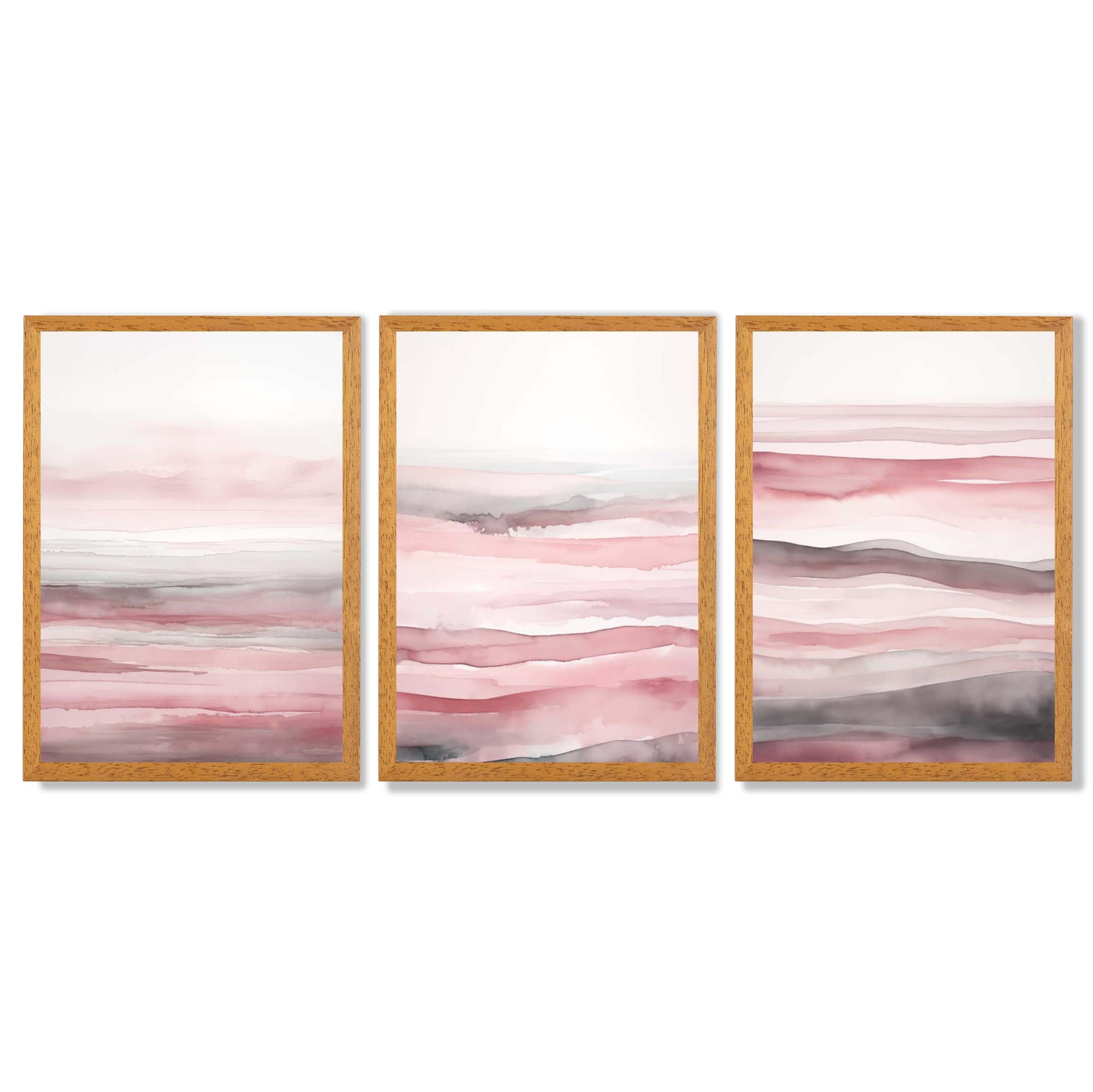 Set of 3 Abstract Pink Sunset Waves Framed Wall Art with Oak Wooden Frames