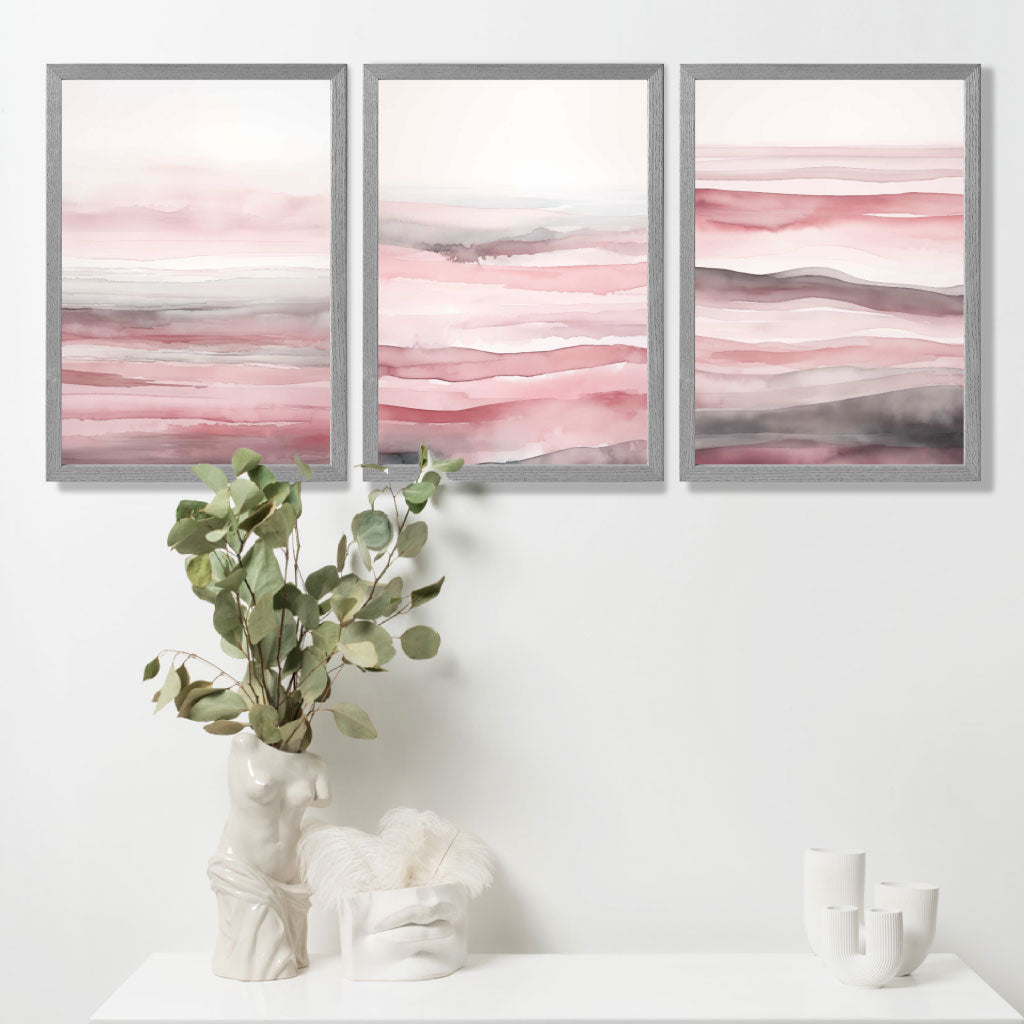 Set of 3 Abstract Pink Sunset Waves Art Prints in Oak Frames | Artze UK