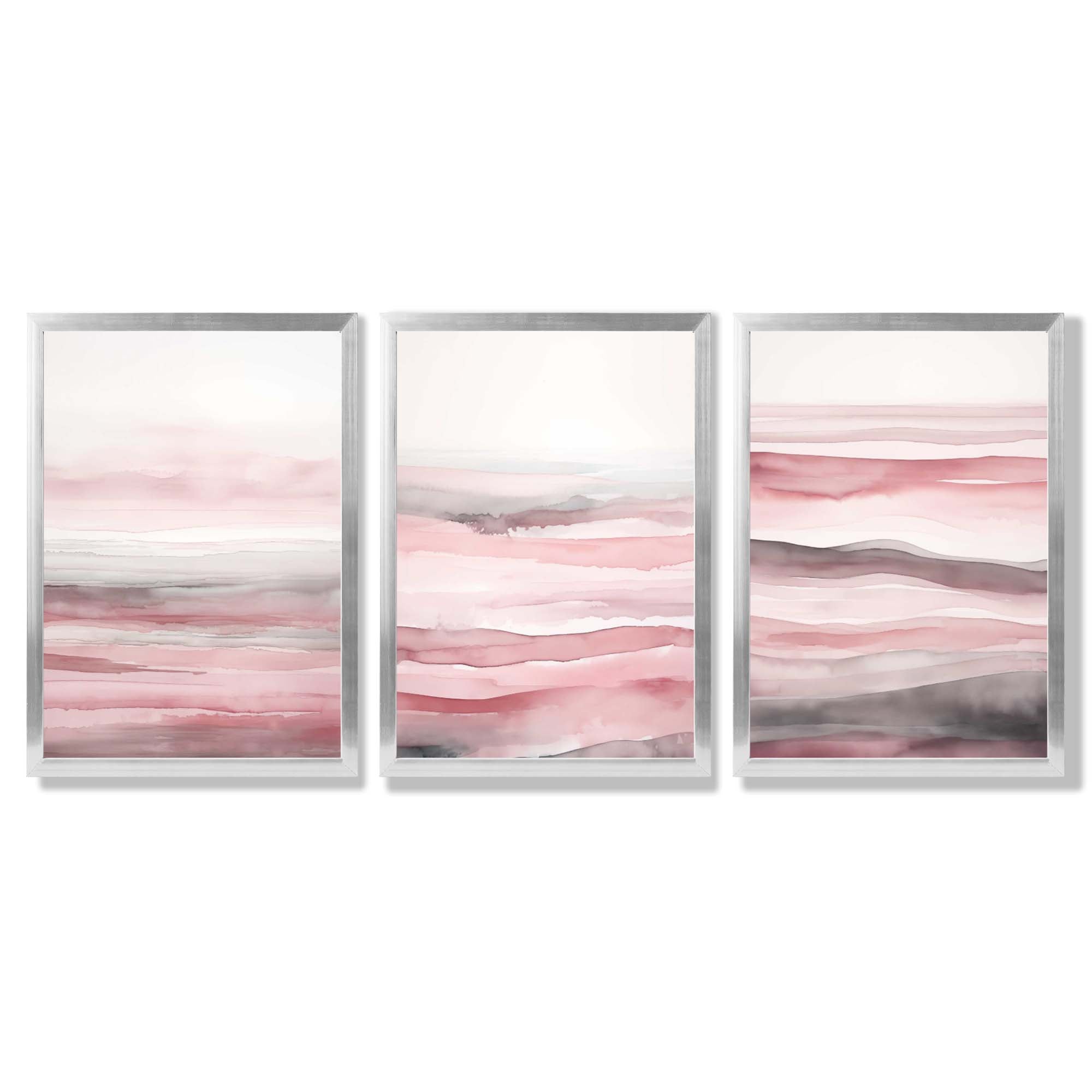 Set of 3 Abstract Pink Sunset Waves Framed Wall Art with Silver Wood Frames