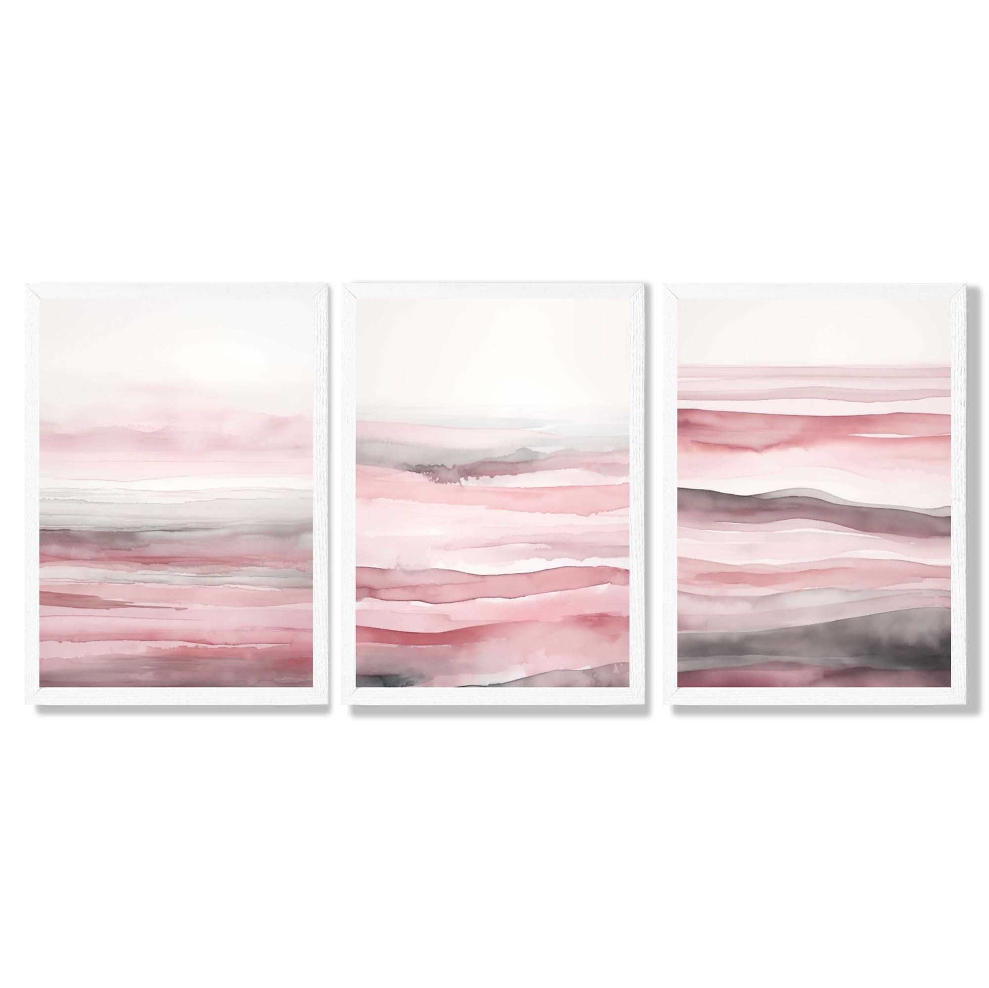 Set of 3 Abstract Pink Sunset Waves Framed Wall Art with White Wooden Frames