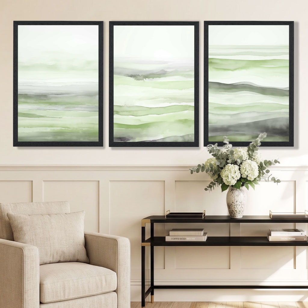 Set of 3 Abstract Green Meadow Waves Framed Wall Art with Black Wooden Frames