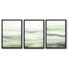 Set of 3 Abstract Green Meadow Waves Framed Wall Art with Black Wooden Frames