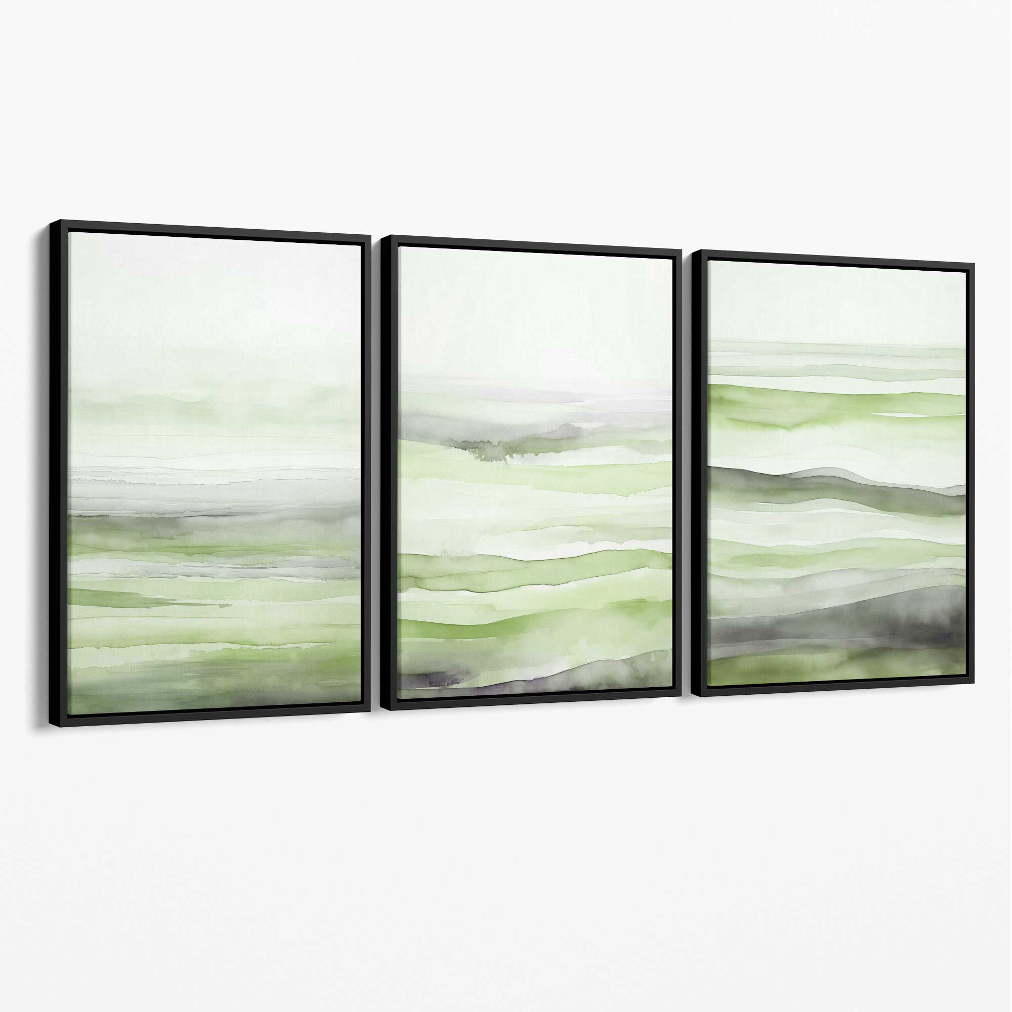 Set of 3 Abstract Green Meadow Waves Canvas Prints with Black Float Frame