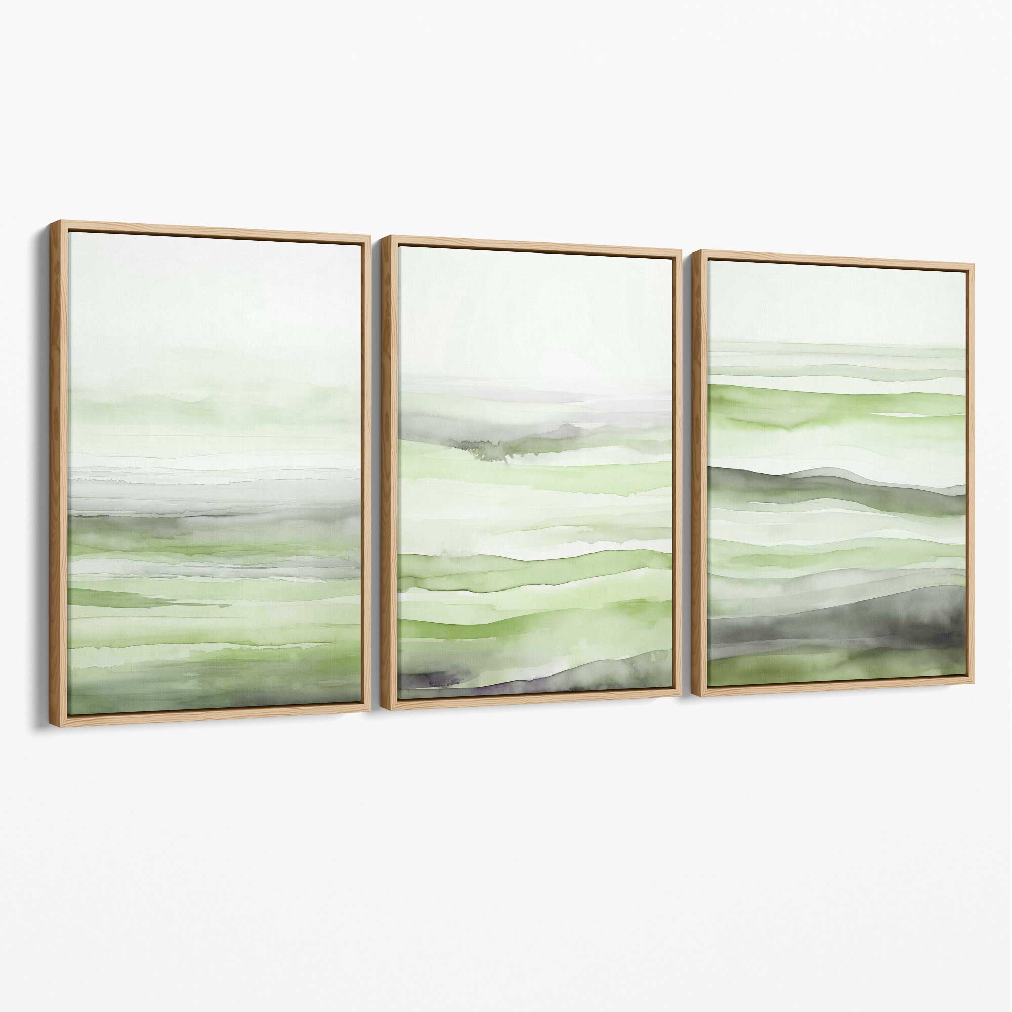 Set of 3 Abstract Green Meadow Waves Canvas Prints with Oak Float Frame