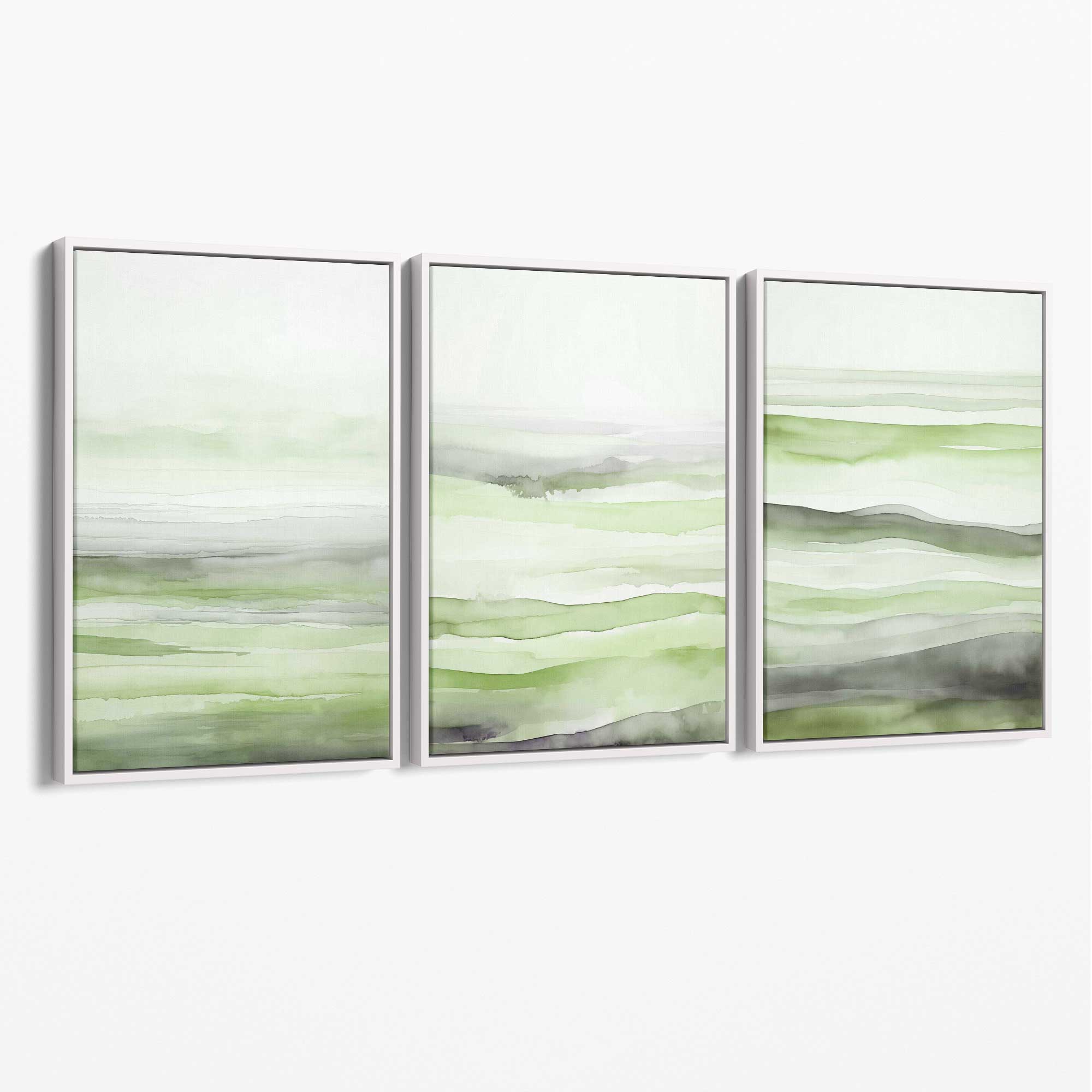 Set of 3 Abstract Green Meadow Waves Canvas Prints with White Float Frame