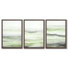 Set of 3 Abstract Green Meadow Waves Framed Wall Art with Dark Wood Frames