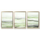 Set of 3 Abstract Green Meadow Waves Framed Wall Art with Gold Wood Frames