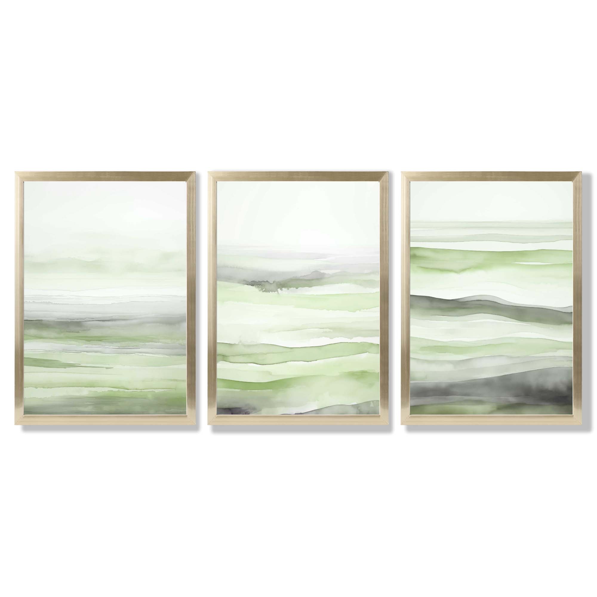 Set of 3 Abstract Green Meadow Waves Framed Wall Art with Gold Wood Frames