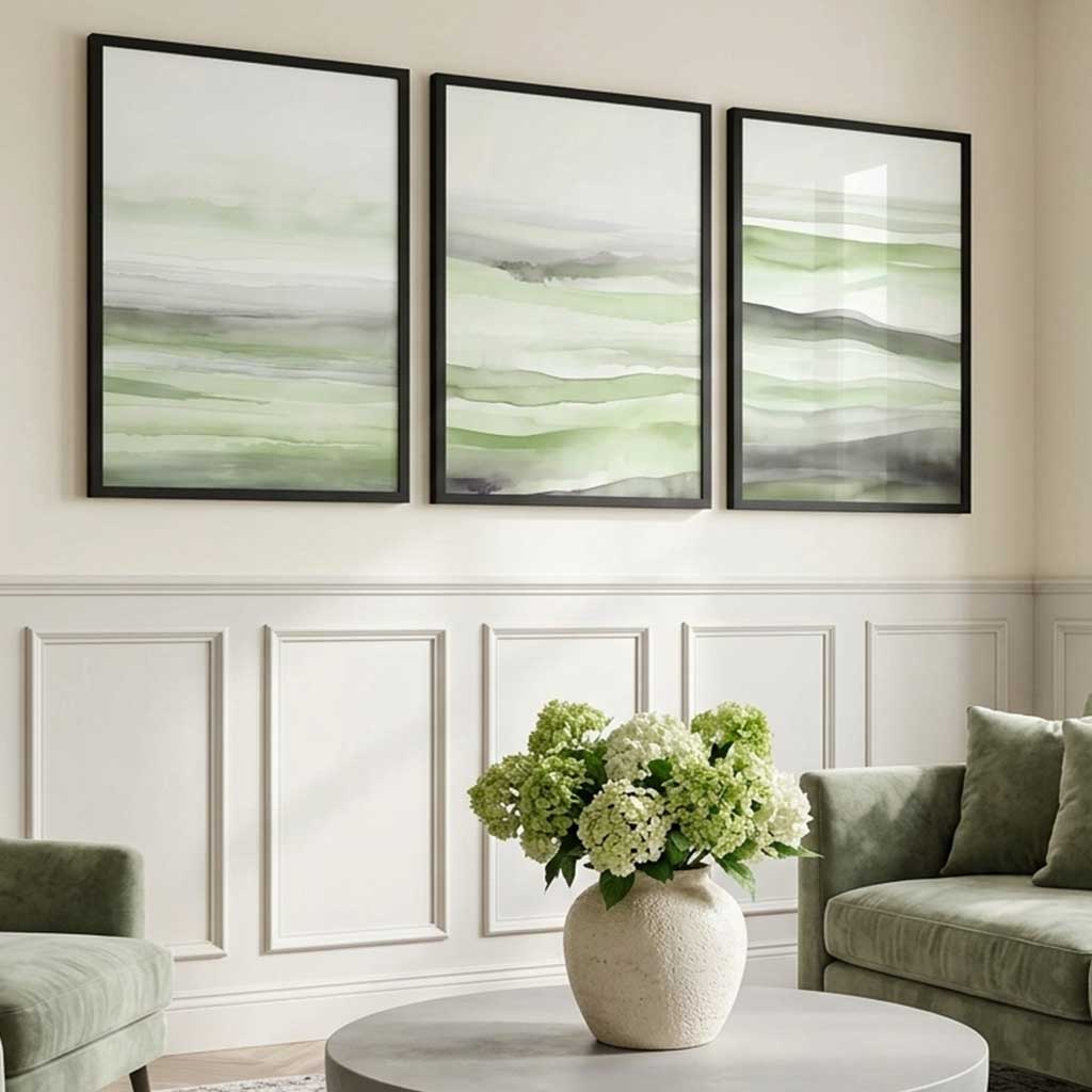 Set of 3 Abstract Green Meadow Waves Art Prints in Black Frames | Artze UK