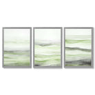 Set of 3 Abstract Green Meadow Waves Framed Wall Art with Light Grey Wooden Frames