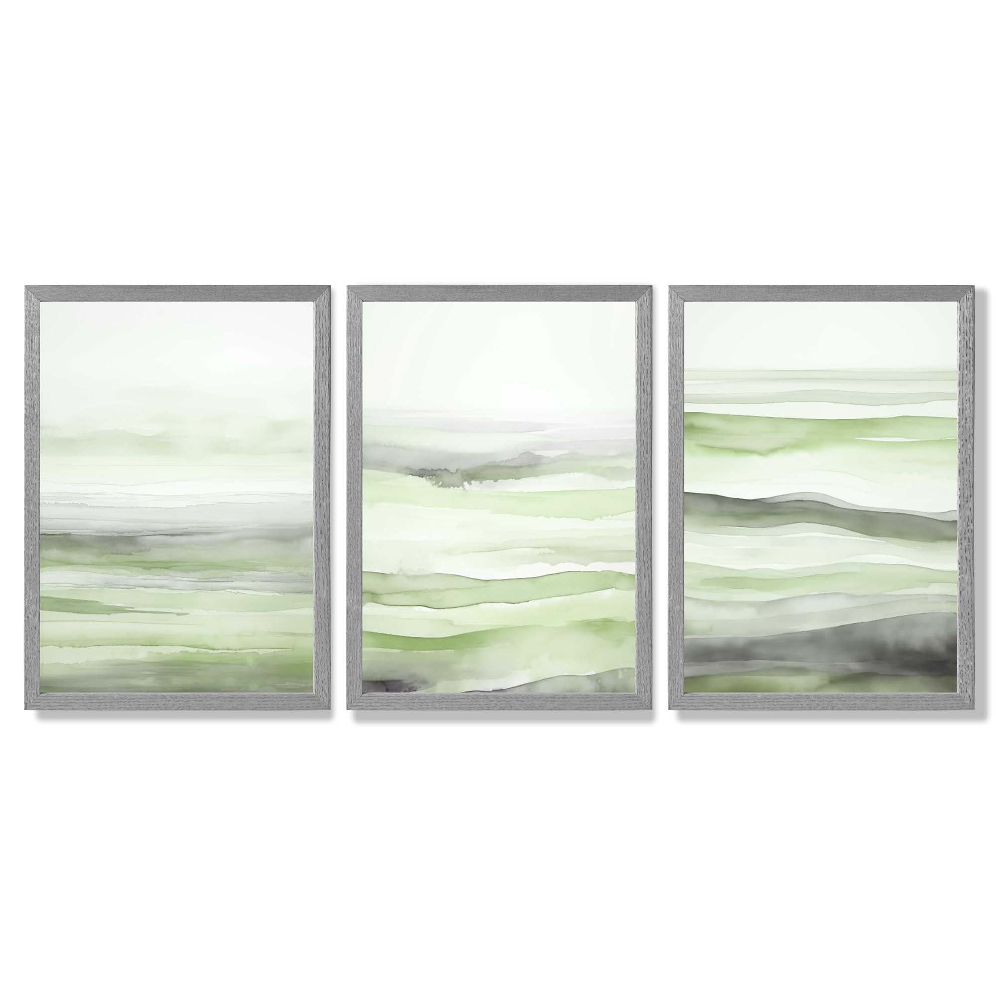 Set of 3 Abstract Green Meadow Waves Framed Wall Art with Light Grey Wooden Frames