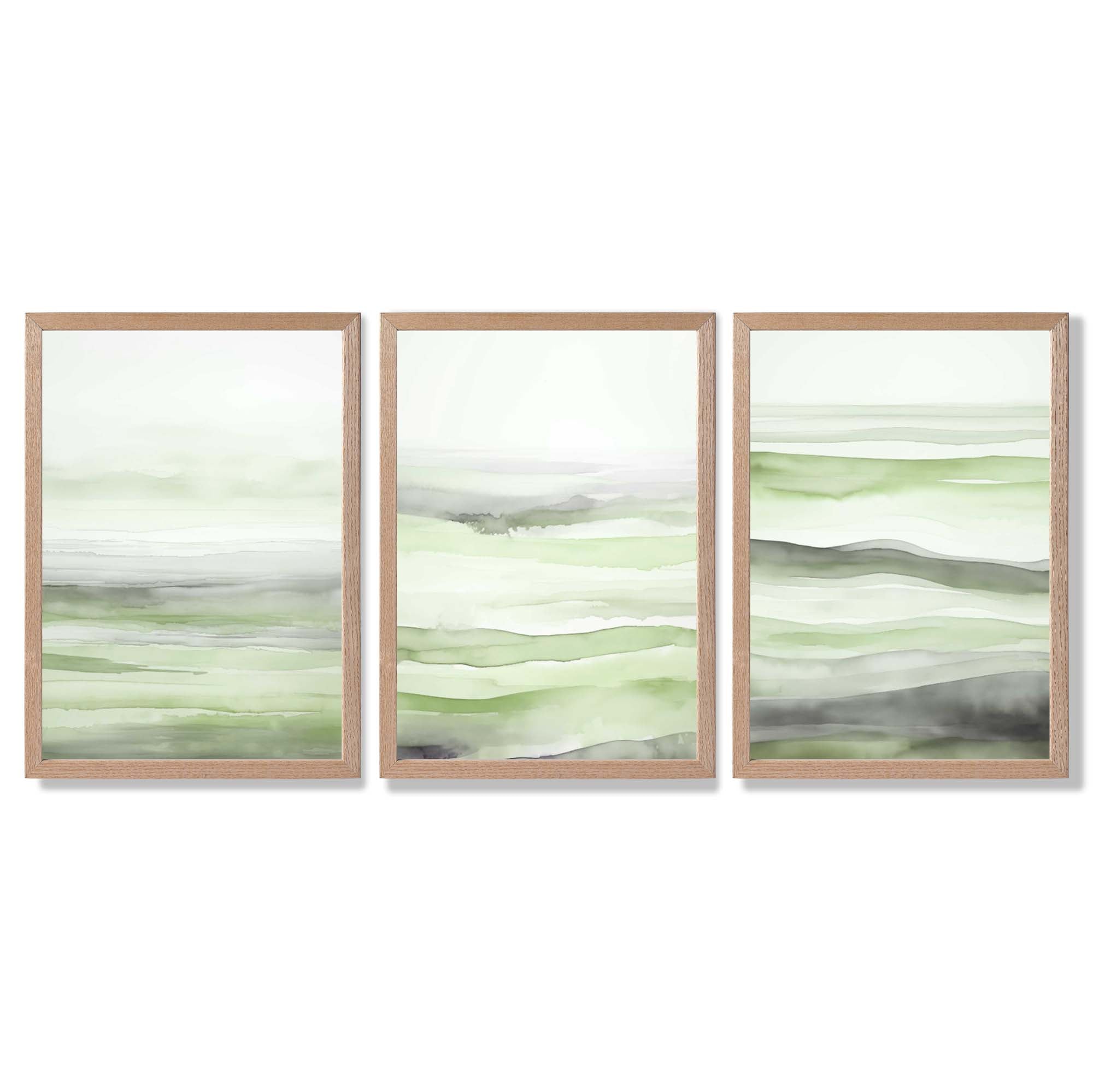 Set of 3 Abstract Green Meadow Waves Framed Wall Art with Light Oak Frames