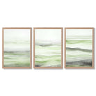 Set of 3 Abstract Green Meadow Waves Framed Wall Art with Light Oak Frames