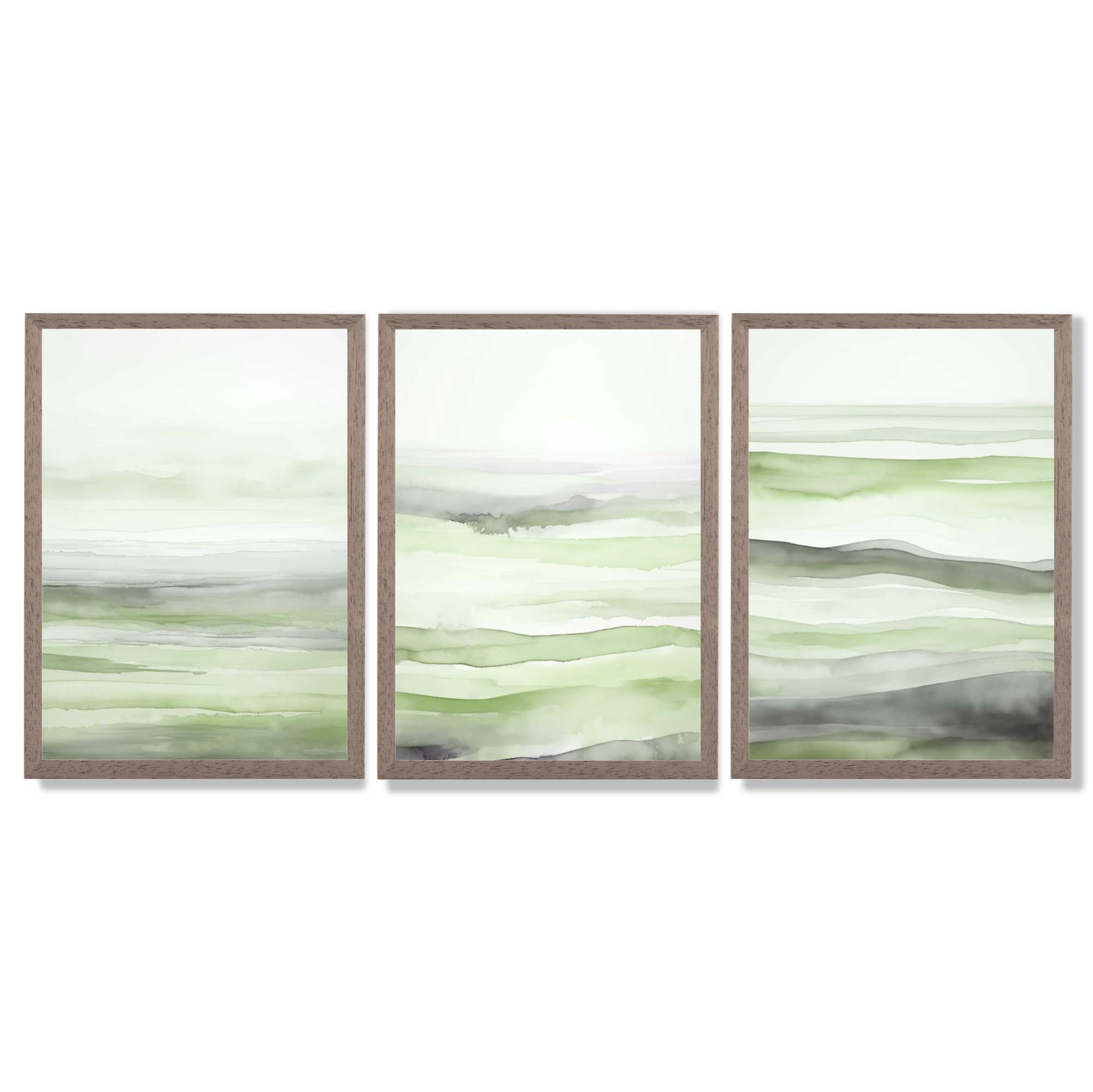 Set of 3 Abstract Green Meadow Waves Framed Wall Art with Light Walnut Frames