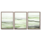 Set of 3 Abstract Green Meadow Waves Framed Wall Art with Light Walnut Frames