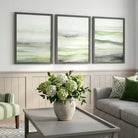 Set of 3 Abstract Green Meadow Waves Art Prints in White Frames | Artze UK