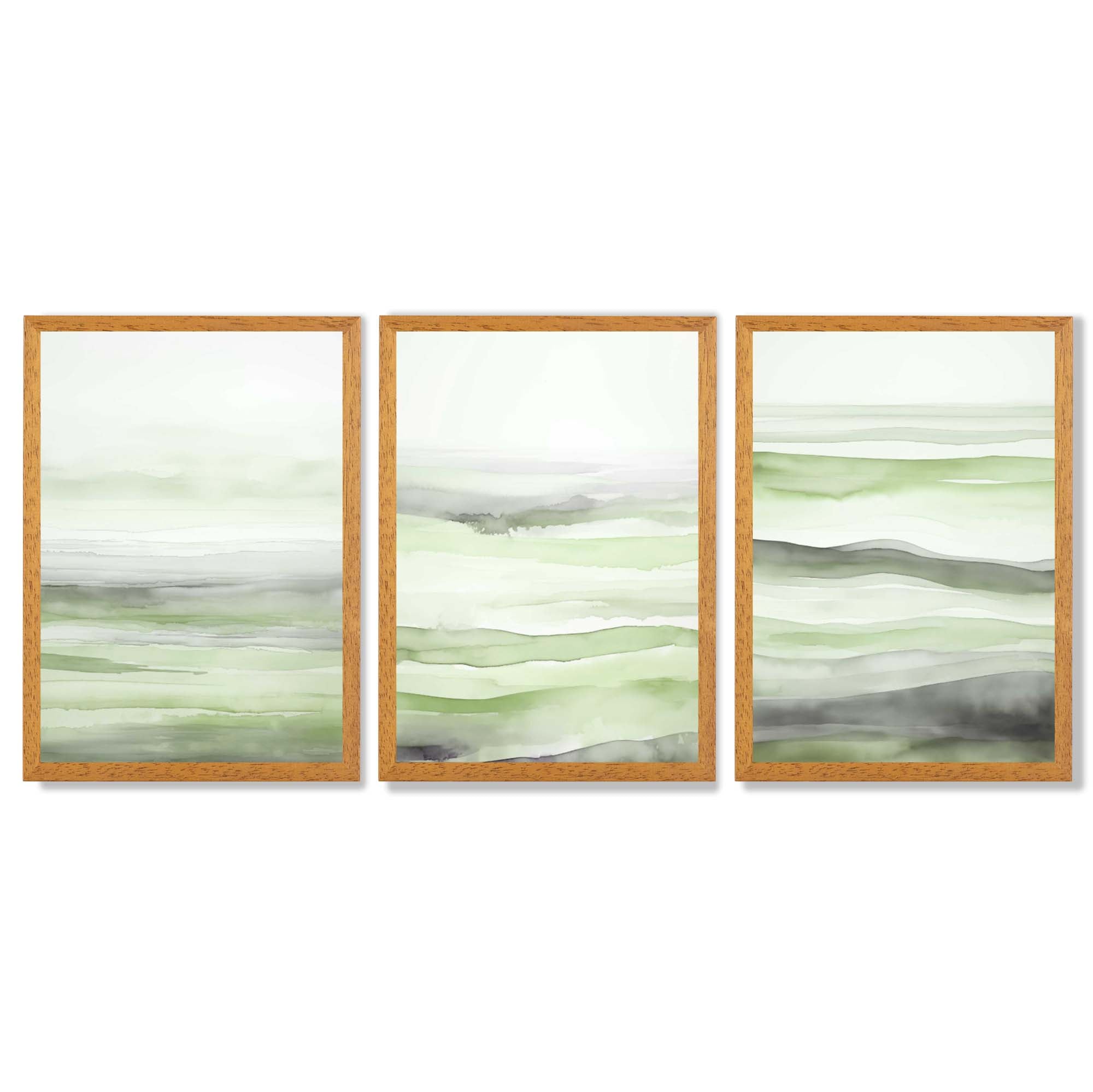 Set of 3 Abstract Green Meadow Waves Framed Wall Art with Oak Wooden Frames