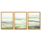 Set of 3 Abstract Green Meadow Waves Framed Wall Art with Oak Wooden Frames