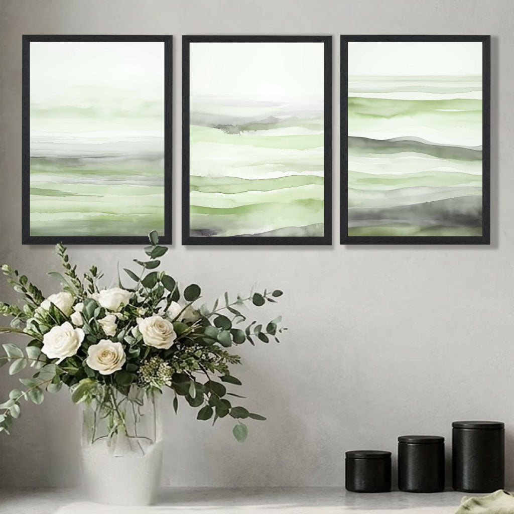 Set of 3 Abstract Green Meadow Waves Art Prints in Oak Frames | Artze UK