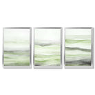 Set of 3 Abstract Green Meadow Waves Framed Wall Art with Silver Wood Frames