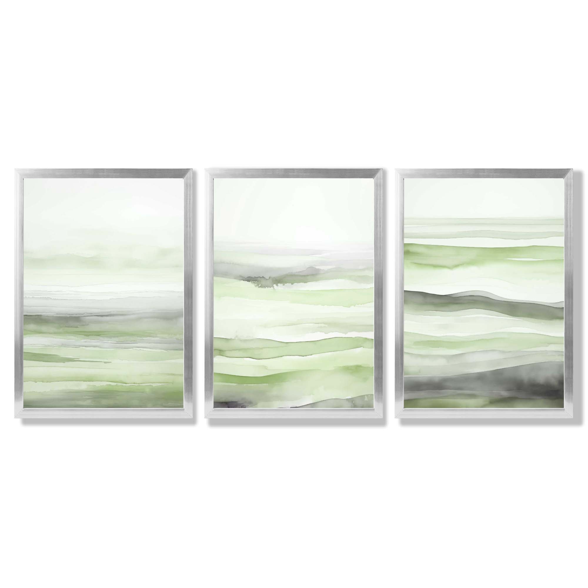 Set of 3 Abstract Green Meadow Waves Framed Wall Art with Silver Wood Frames