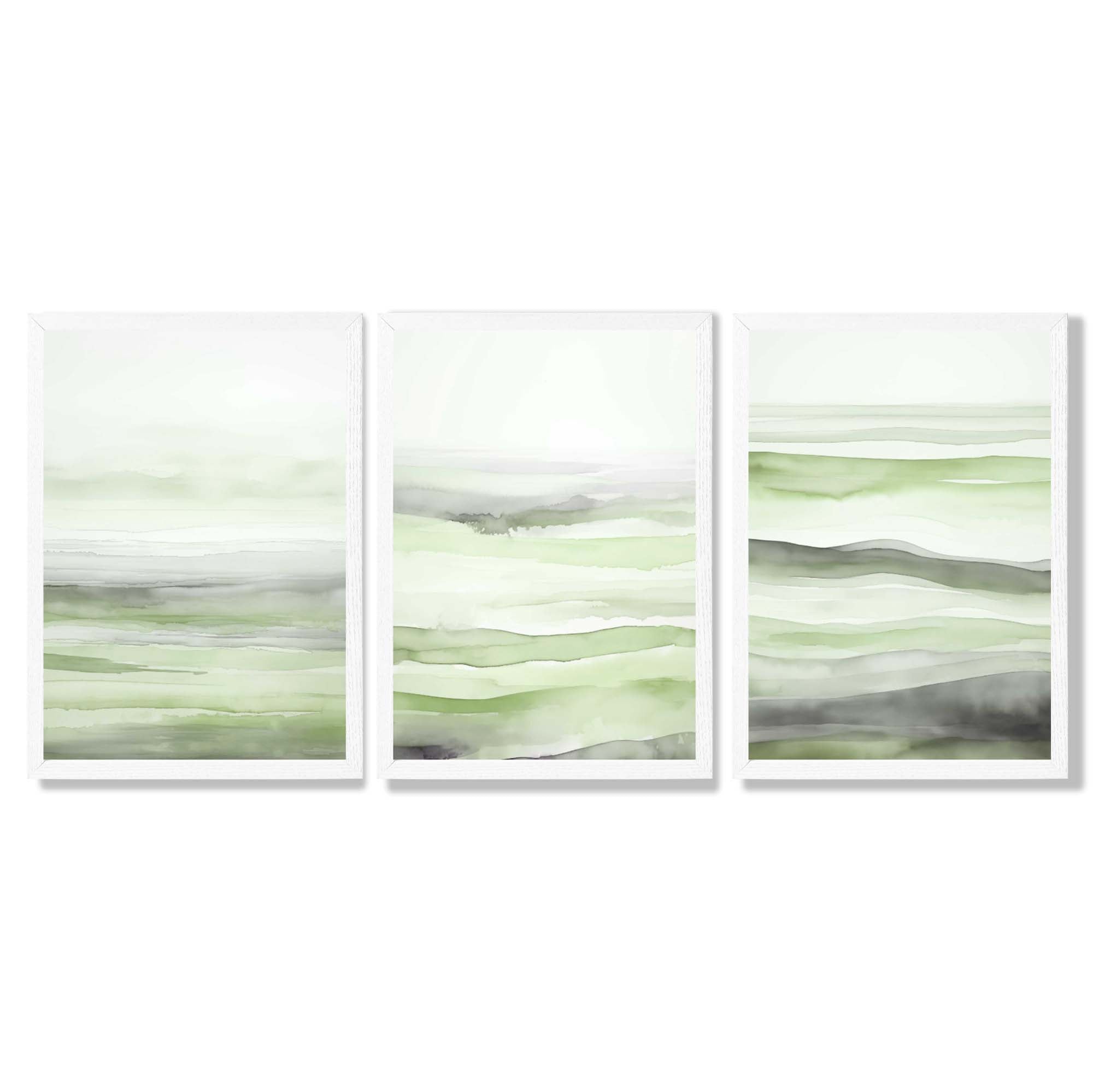 Set of 3 Abstract Green Meadow Waves Framed Wall Art with White Wooden Frames