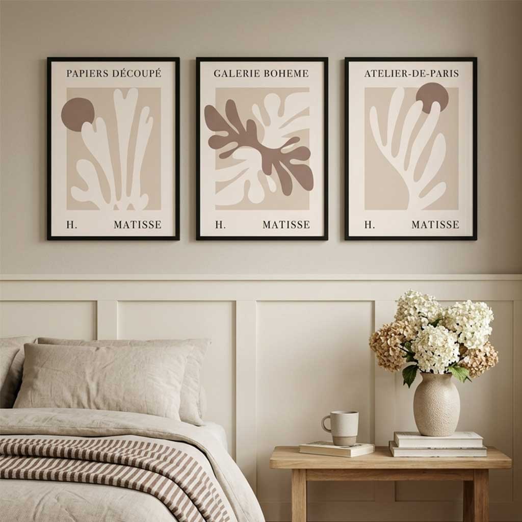 Matisse Beige and Brown Boho Botanical Set of 3 Framed Wall Art with Black Wooden Frames