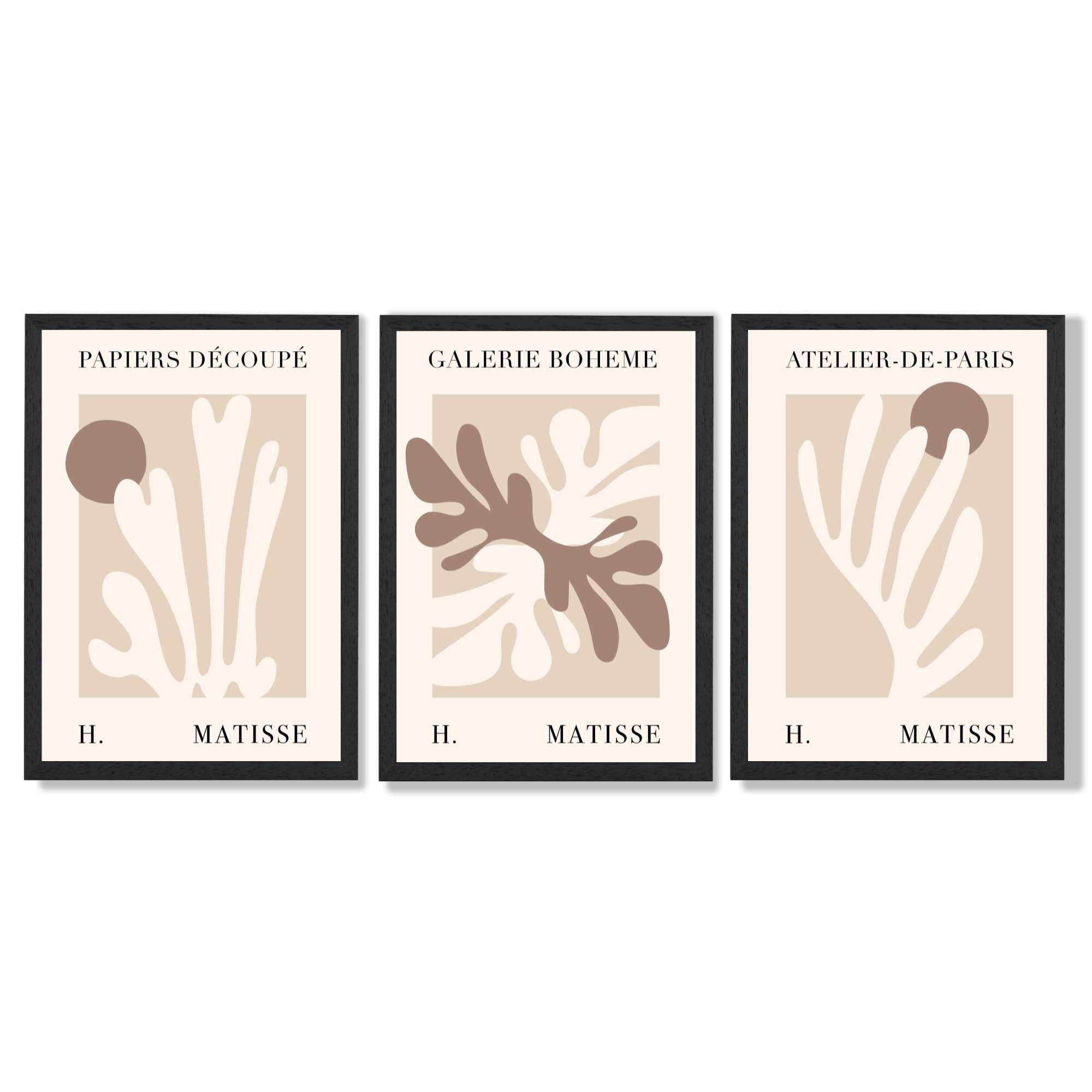Matisse Beige and Brown Boho Botanical Set of 3 Framed Wall Art with Black Wooden Frames